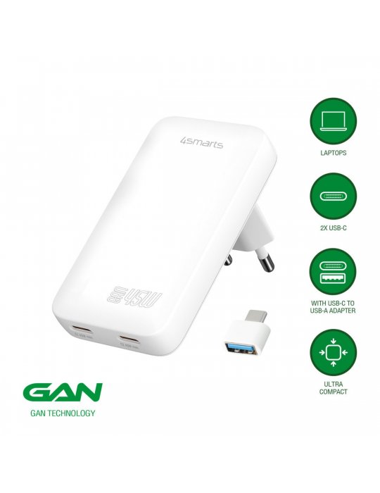 4smarts Netzladegerät FlatPlug Slim Dual 45W GaN 2C, weiß 4smarts Netzladegerät FlatPlug Slim Dual 45W GaN 2C, weiß