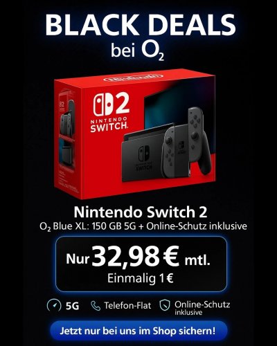 Black Deal mit O2 Blue inkl. Nintendo Switch 2 Black Deal mit O2 Blue inkl. Nintendo Switch 2