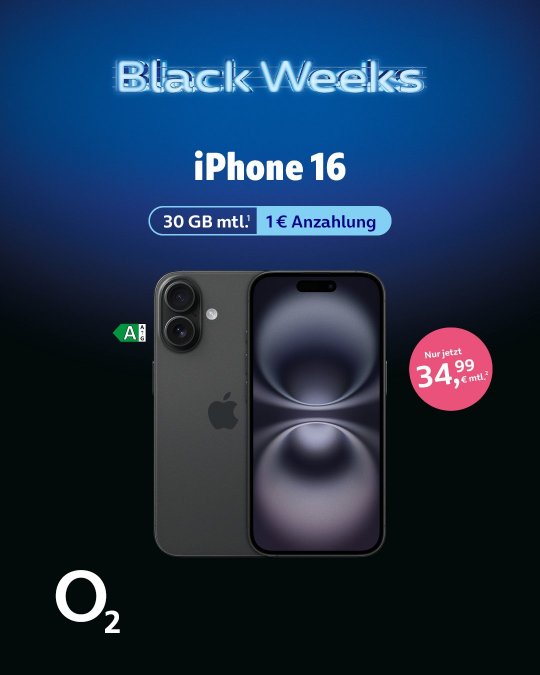 Black Deal mit O2 und dem iPhone 16 128GB